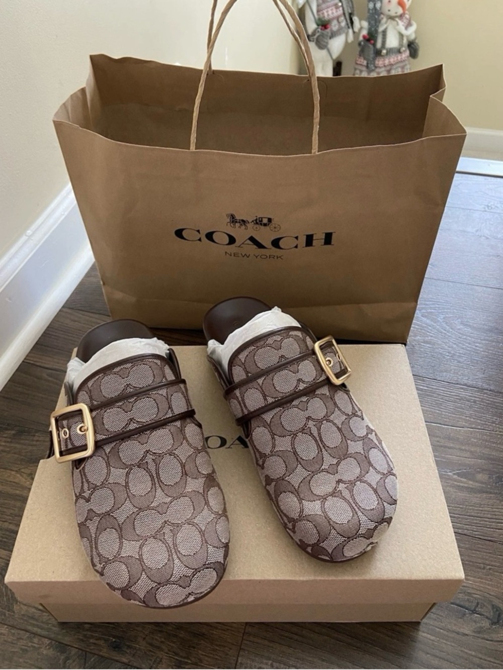 Coach Brown Signature Canvas Mule Slides with Gold Buckles